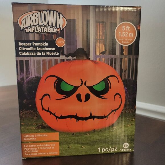 Gemmy Halloween Reaper Pumpkin Jack o' Lantern 5' Inflatable Airblown - Picture 1 of 8